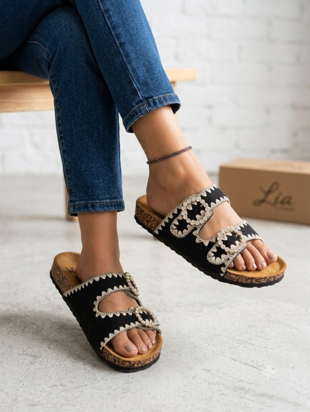 Lia Embroidered Rhinestone Buckle Comfort Slide Sandals Black